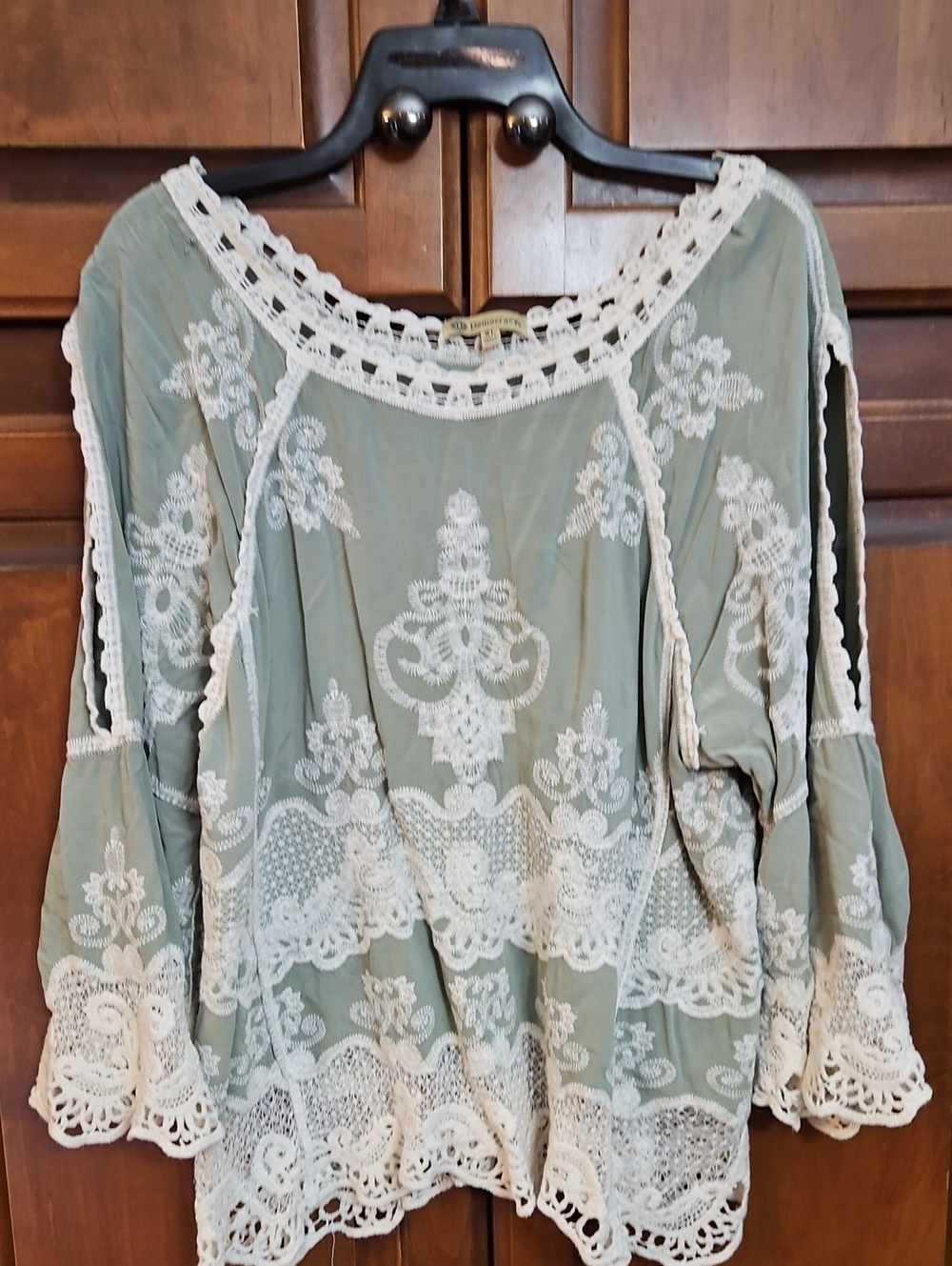 Democracy Sage Green Boho Lace-Embroidered Blouse